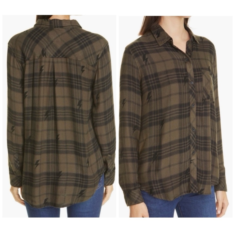 Rails Hunter Olive Jet Lightening Bolt Plaid Button Up Flannel